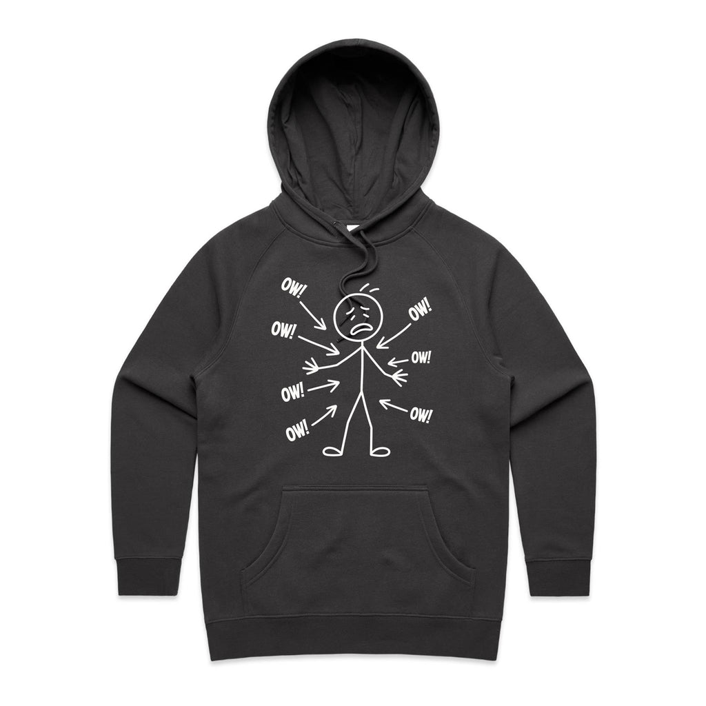 Ow! Everything Hurts Stick Figure Women's AS Colour Hoodie Coal Womens Hoodie Printed In Australia