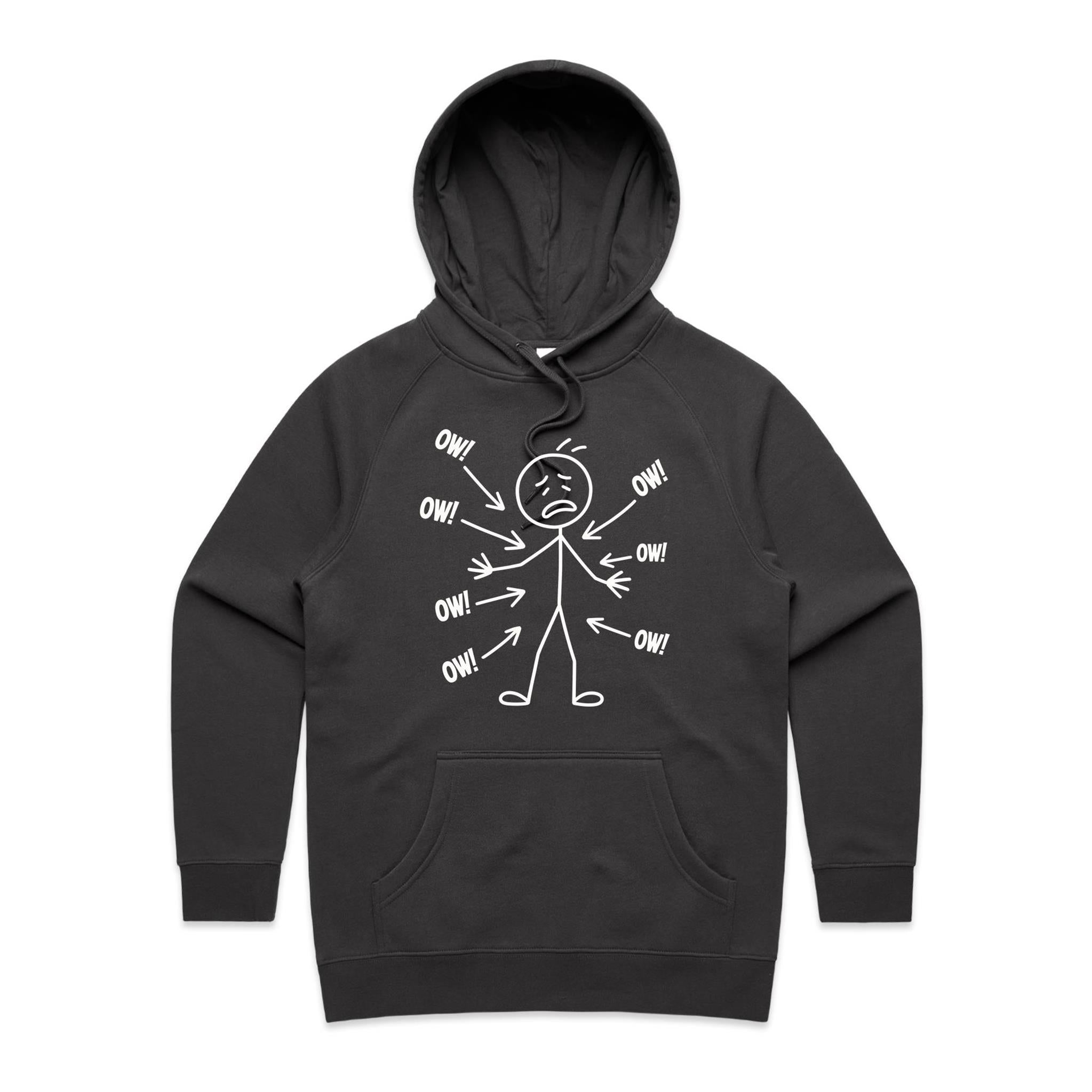 Ow! Everything Hurts Stick Figure Women's AS Colour Hoodie Coal Womens Hoodie Printed In Australia