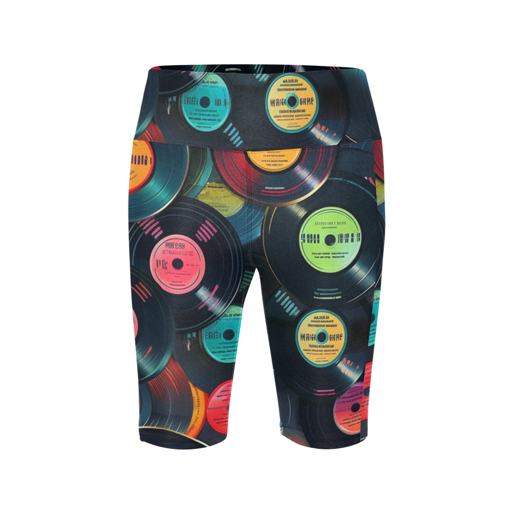 Retro Vinyl Records Women's Bike Shorts With Side Pockets Women's Bike Shorts Printed Offshore