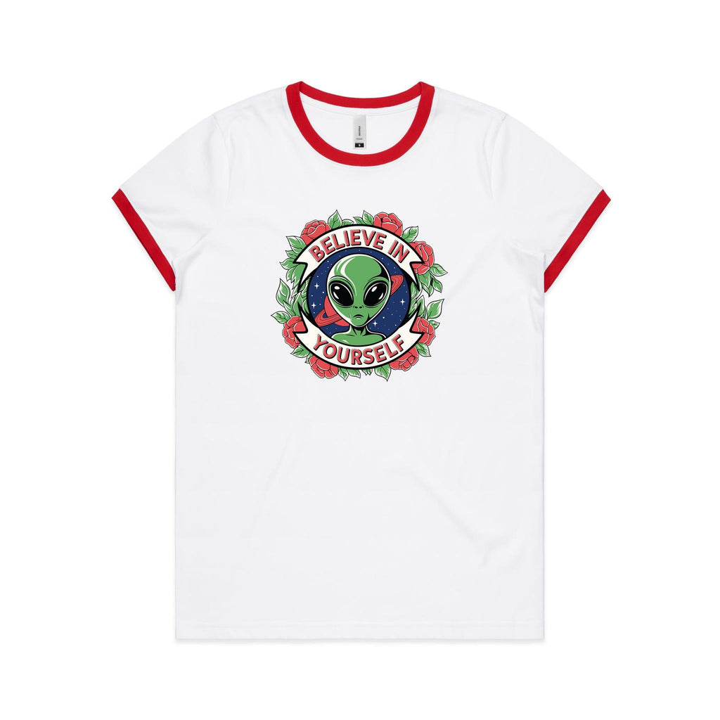 Believe In Yourself, Alien - Women's Ringer Tee White Red Womens Ringer T-shirt Motivation Positivity Printed In Australia Sci Fi