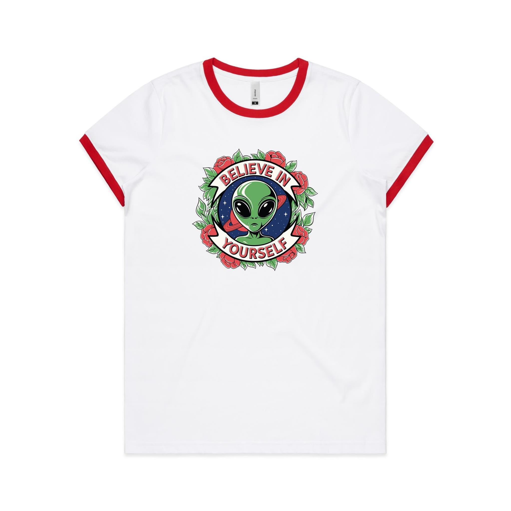 Believe In Yourself, Alien - Women's Ringer Tee White Red Womens Ringer T-shirt Motivation Positivity Printed In Australia Sci Fi