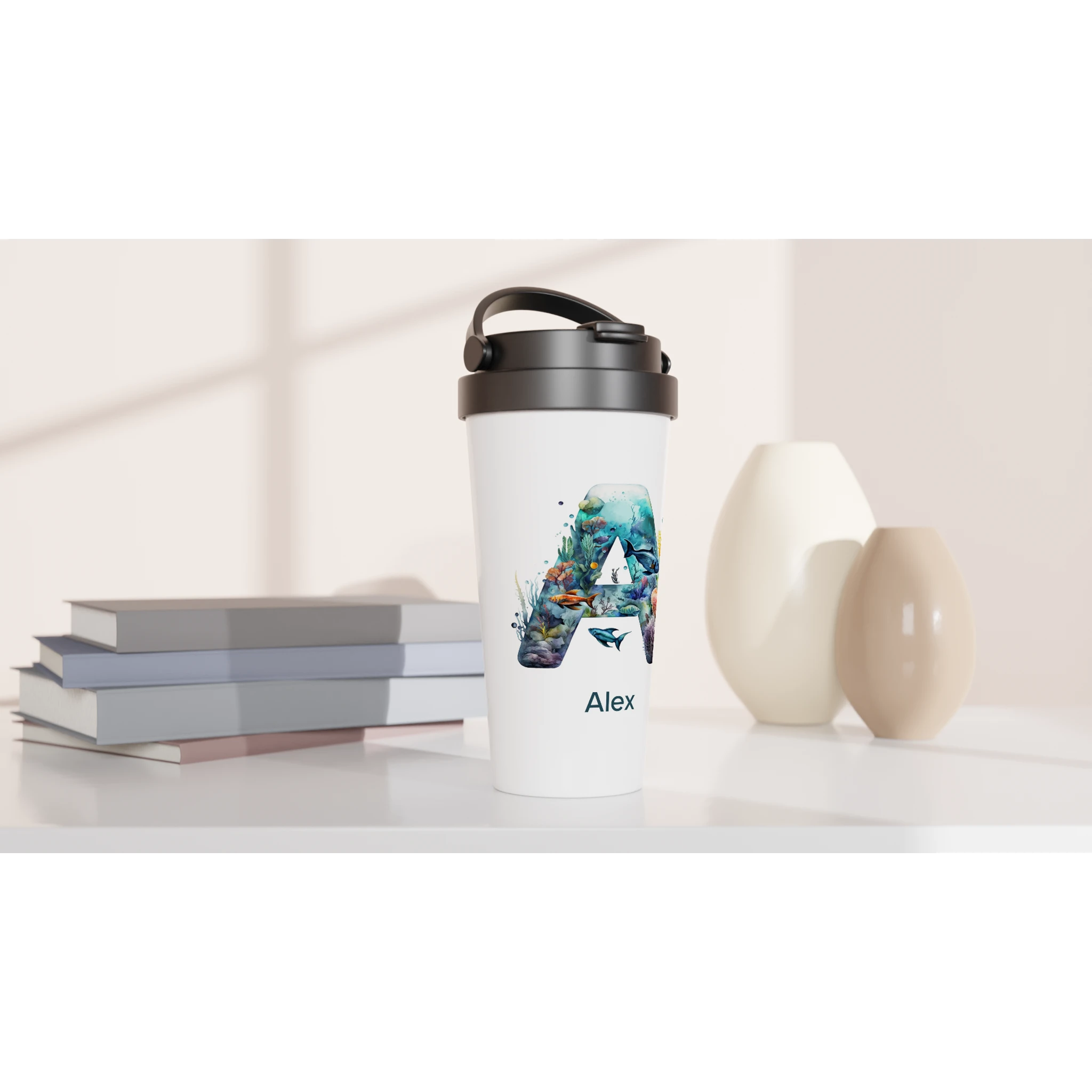 Coral Sea Initial - White 15oz Stainless Steel Travel Mug Personalised Travel Mug customise Globally Fulfilled Initial Name personalise