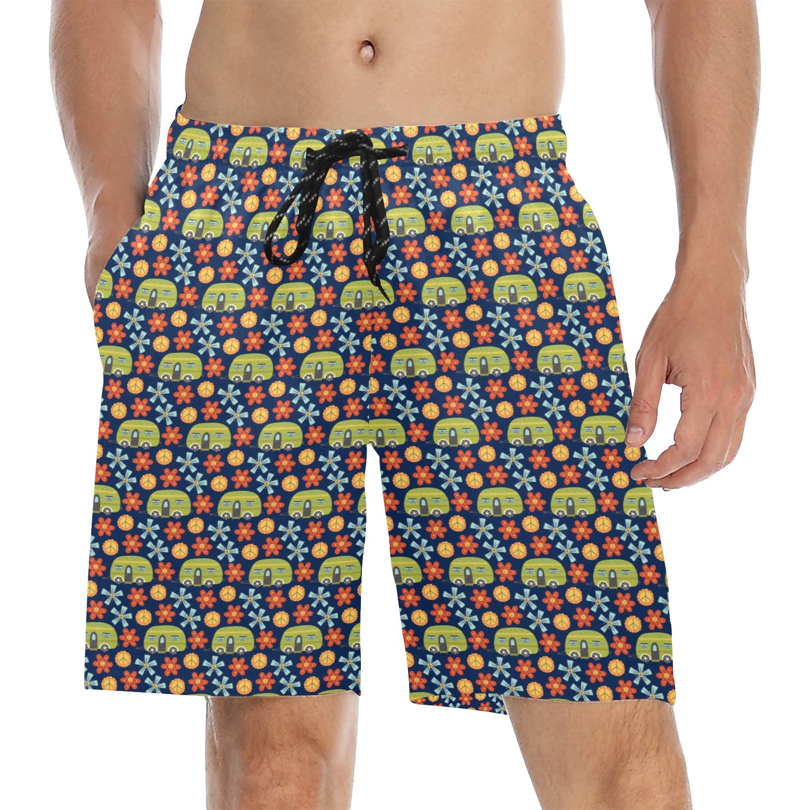 Hippie Caravan - Men's Mid-Length Beach Shorts 5XL Men's Mid-Length Beach Shorts Printed Offshore Retro