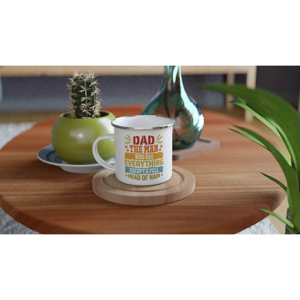 Personalised Dad, The Man Who Has Everything Except A Full Head Of Hair White 12oz Enamel Mug Personalised Enamel Mug Dad Globally Fulfilled