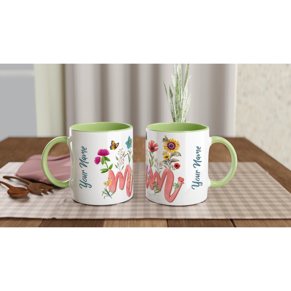Personalised Mum With Flowers And Butterflies 11oz Ceramic Mug Ceramic Green Personalised 11oz Mug Globally Fulfilled Mum