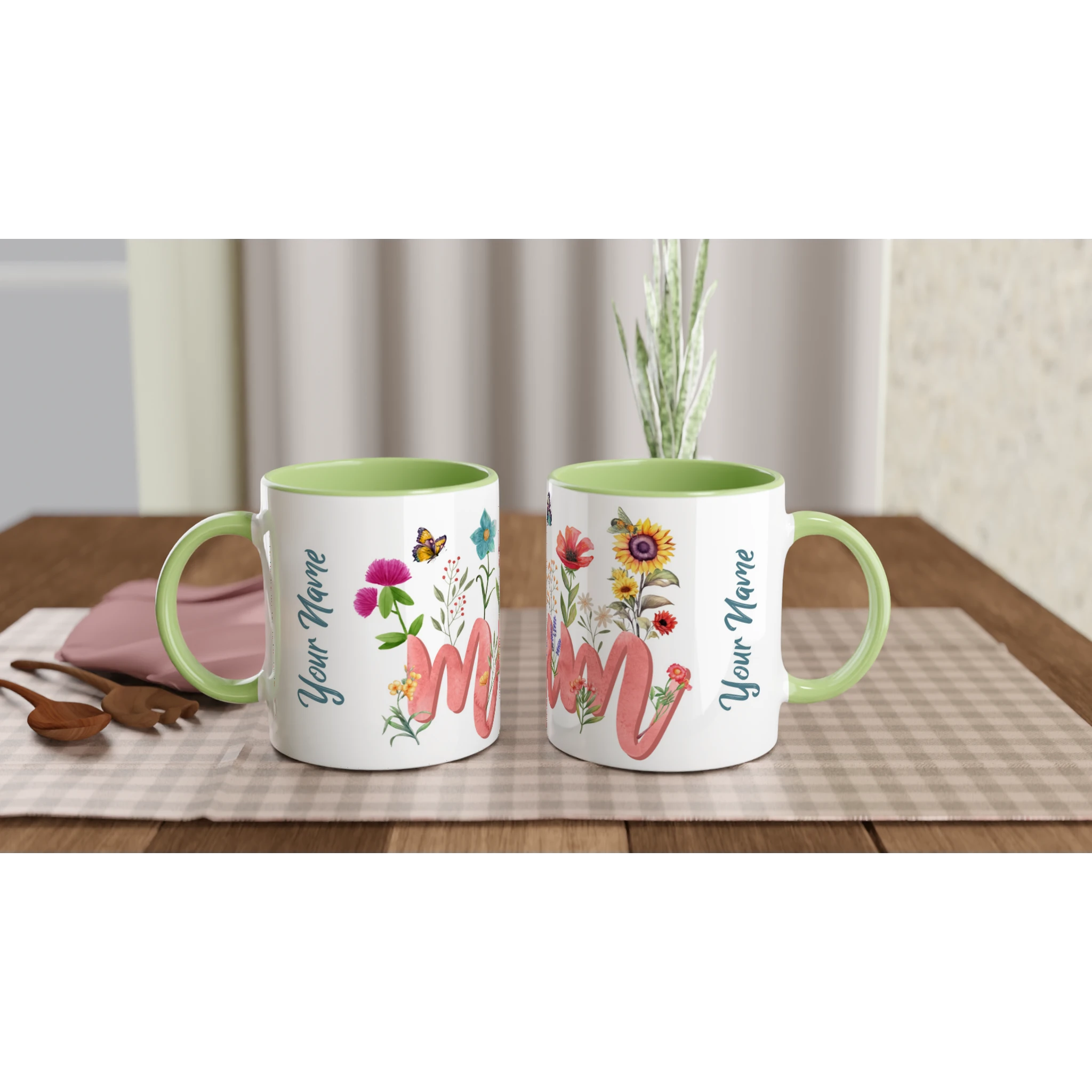 Personalised - Mum With Flowers And Butterflies - 11oz Ceramic Mug Ceramic Green Personalised 11oz Mug Globally Fulfilled Mum
