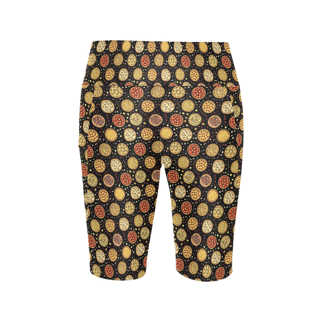 Round Pizzas On Black Women's Bike Shorts With Side Pockets