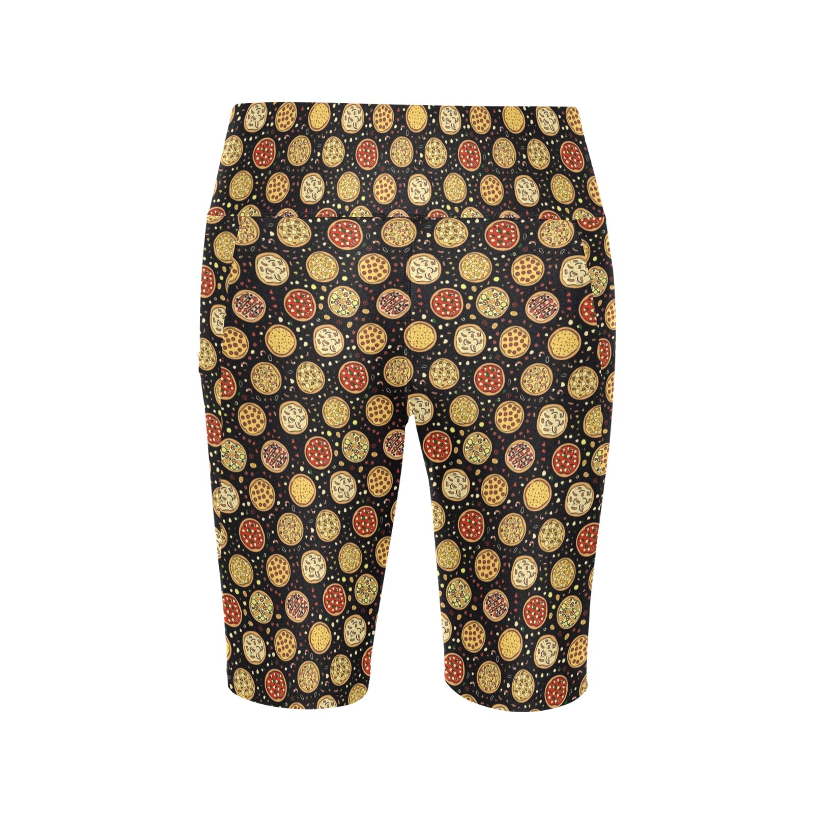 Round Pizzas On Black Women's Bike Shorts With Side Pockets