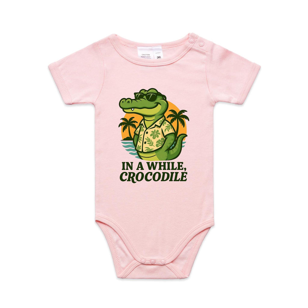 In A While, Crocodile AS Colour Baby Bodysuit Pink Baby Bodysuit animal Printed In Australia