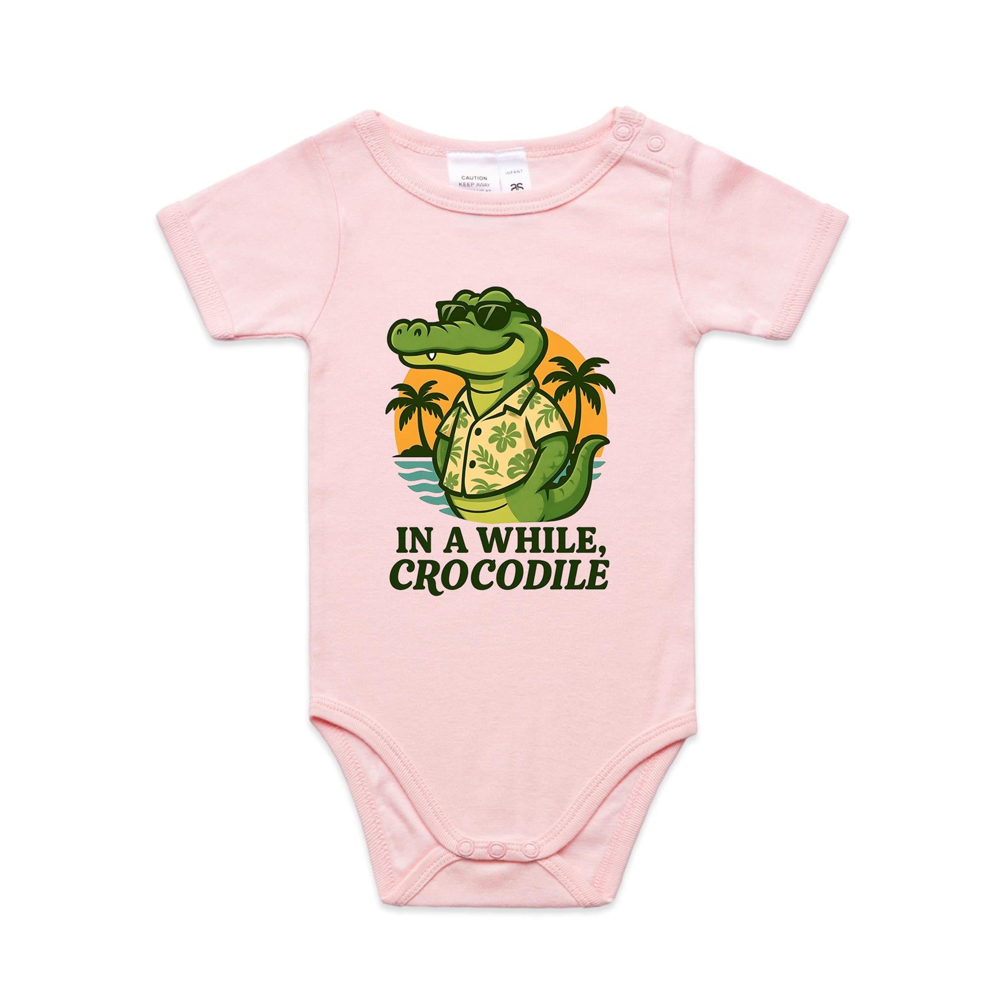 In A While, Crocodile - AS Colour Baby Bodysuit Pink Baby Bodysuit animal Printed In Australia