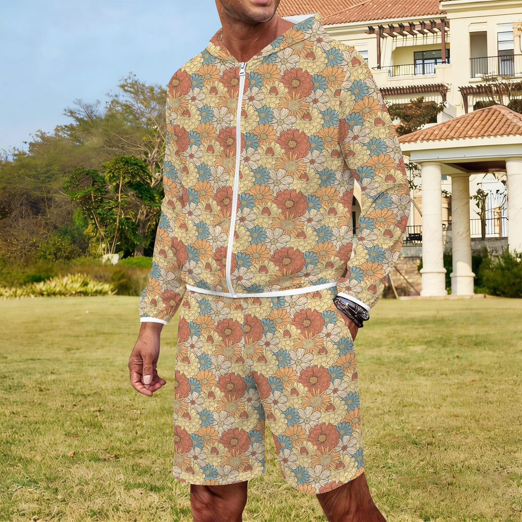 Vintage Retro Floral Men's Lightweight Sun Hoodie & Shorts Set Men's Lightweight Sun Hoodie & Shorts Plants Printed Offshore