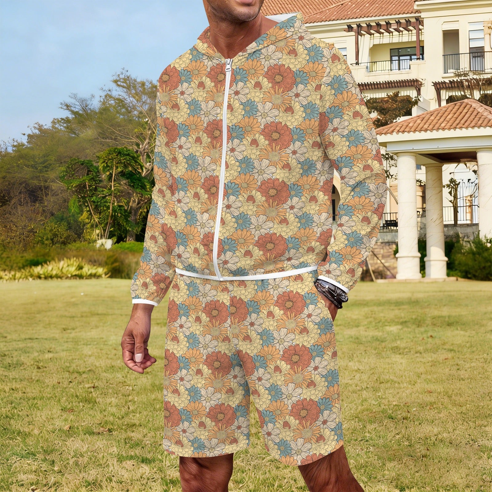 Vintage Retro Floral Men's Lightweight Sun Hoodie & Shorts Set Men's Lightweight Sun Hoodie & Shorts Plants Printed Offshore