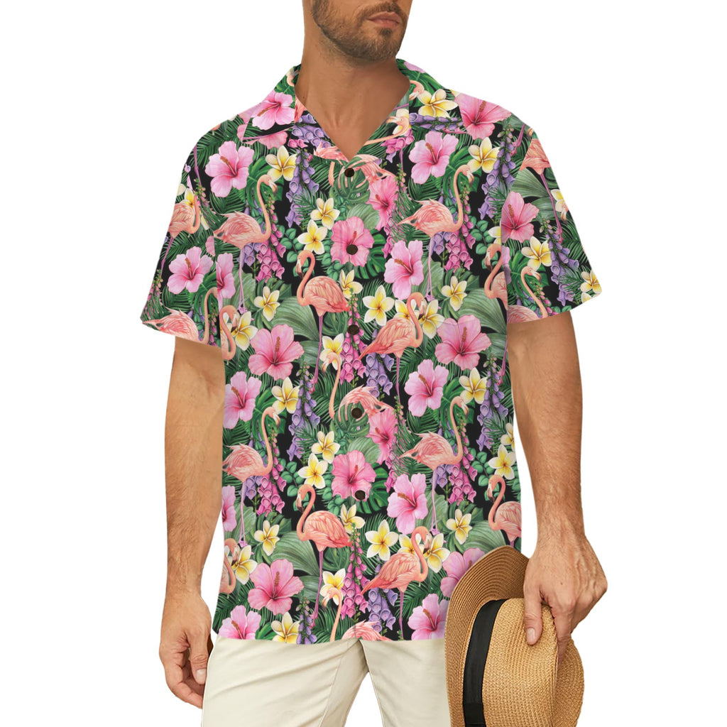 Flamingo Jungle Men's Short Sleeve Hawaiian Shirt Men's Hawaiian Shirt (New) animal Plants Printed Offshore