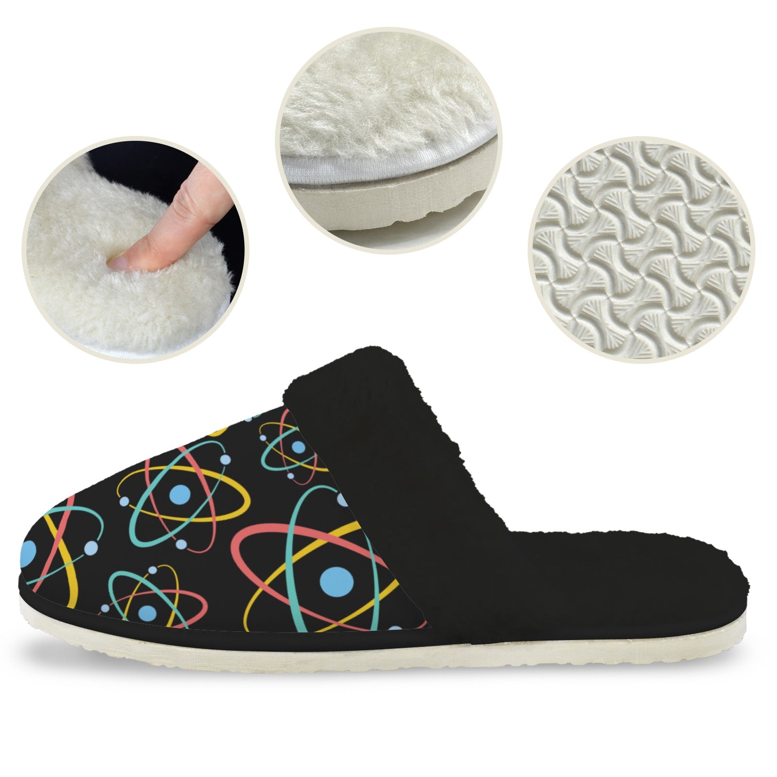 Atoms Men's Fur Trim Thick-Sole Indoor Slippers Men's Fur Trimmed Slippers Printed Offshore Science