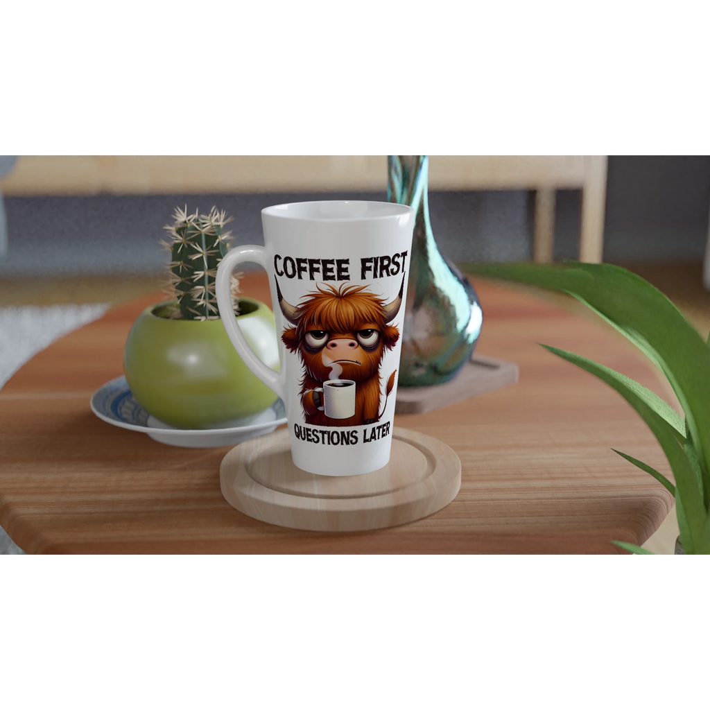 Personalise - Coffee First, Questions Later, Highland Cow - White Latte 17oz Ceramic Mug Personalised Latte Mug animal Coffee Globally Fulfilled