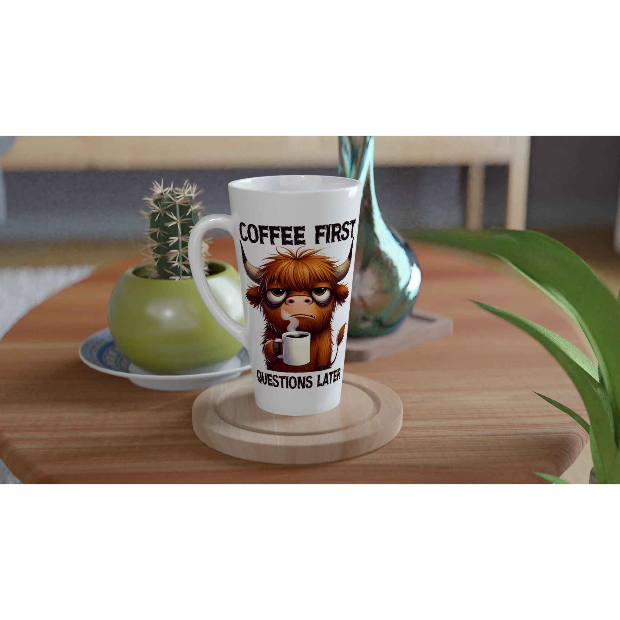Personalise - Coffee First, Questions Later, Highland Cow - White Latte 17oz Ceramic Mug Personalised Latte Mug animal Coffee Globally Fulfilled