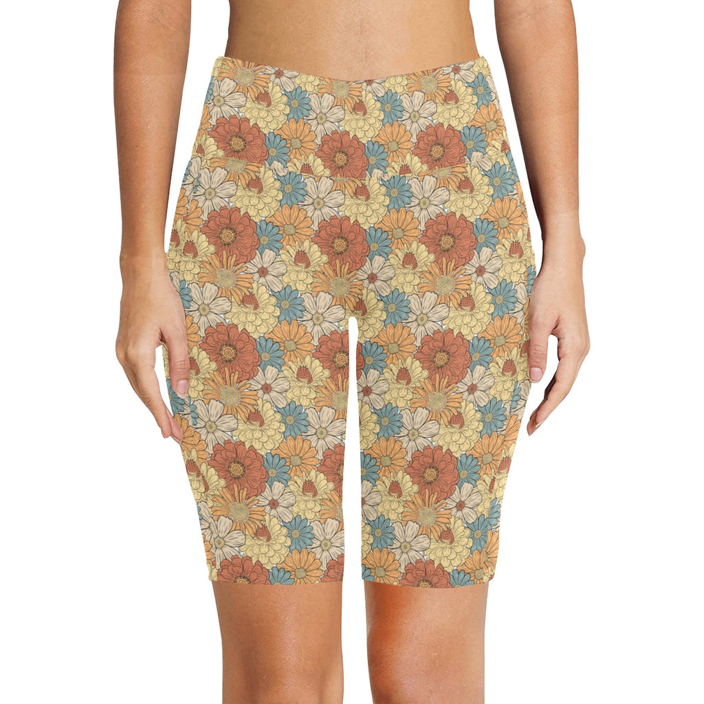 Vintage Retro Floral Women's Bike Shorts With Side Pockets Women's Bike Shorts / Half Leggings Plants Printed Offshore Retro
