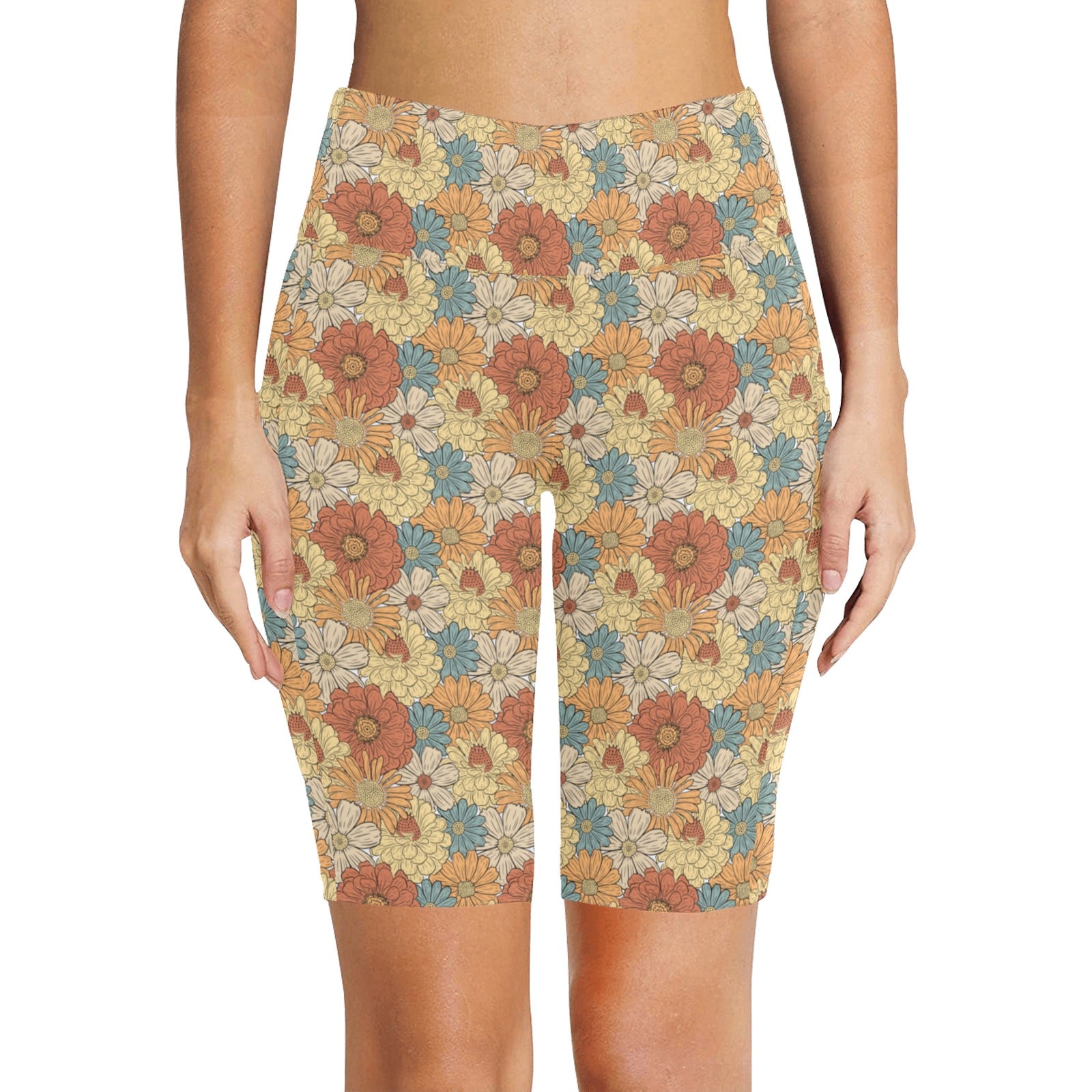 Vintage Retro Floral Women's Bike Shorts With Side Pockets Women's Bike Shorts Plants Printed Offshore Retro