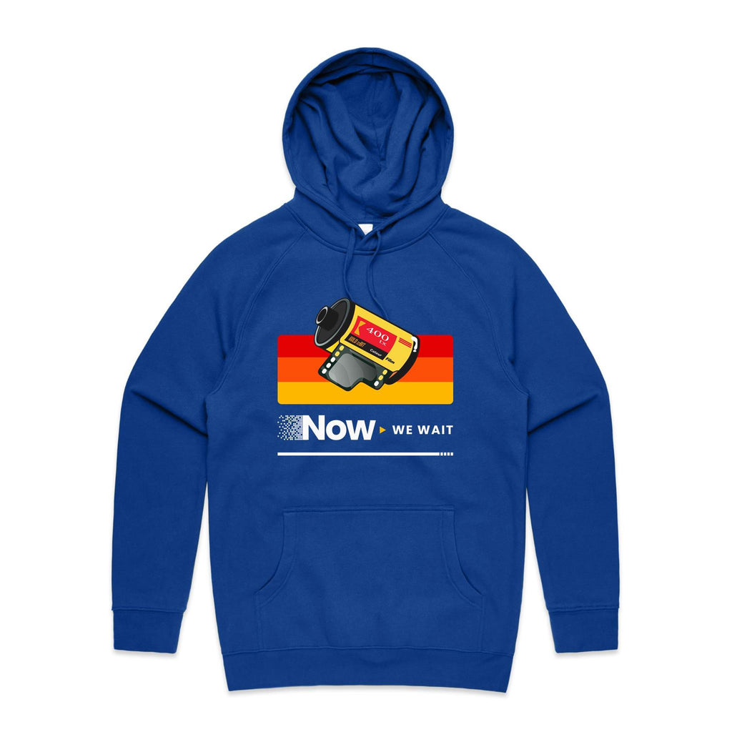 Camera Film, Now We Wait Men's AS Colour Hoodie Bright Royal Mens Hoodie Printed In Australia Retro