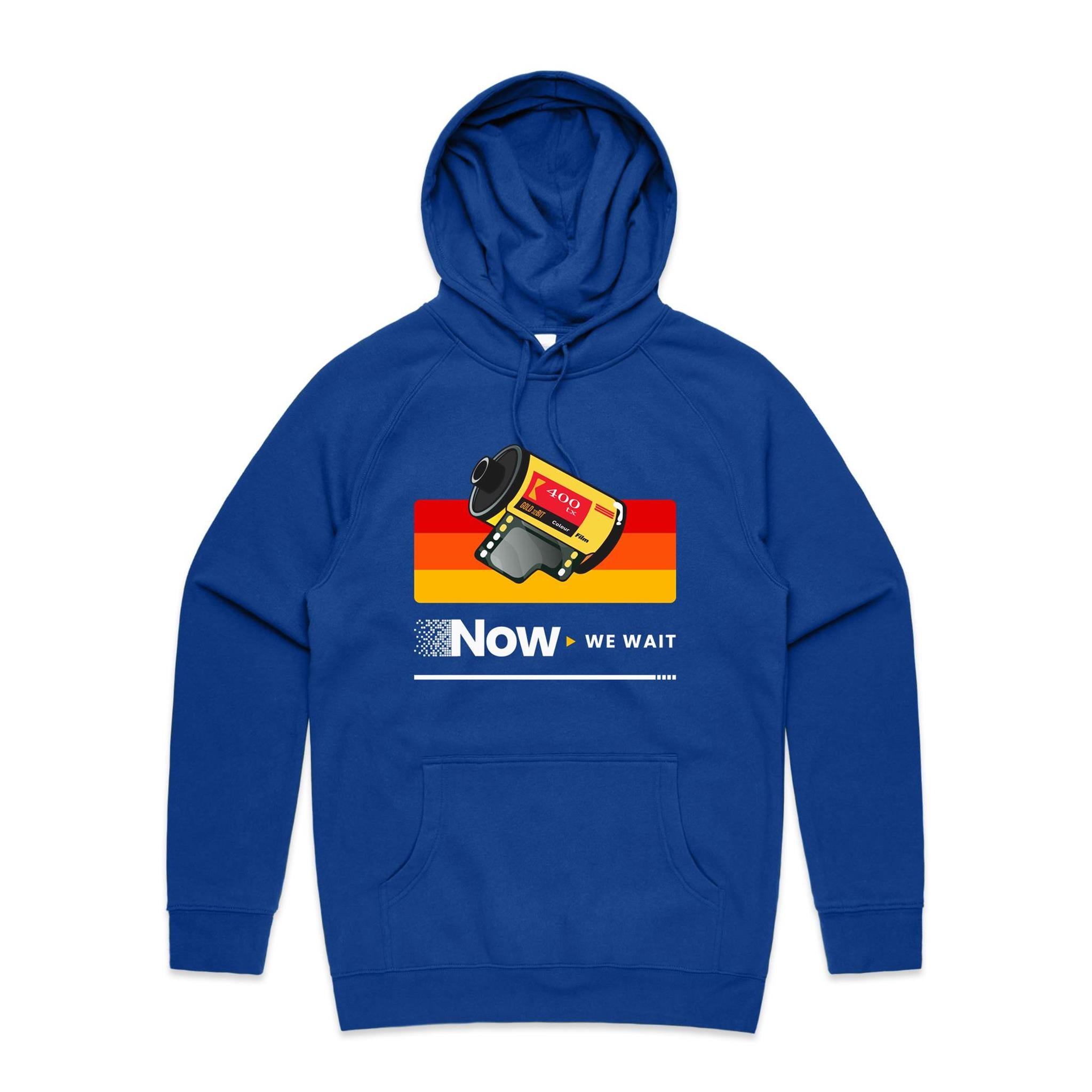 Camera Film, Now We Wait Men's AS Colour Hoodie Bright Royal Mens Hoodie Printed In Australia Retro