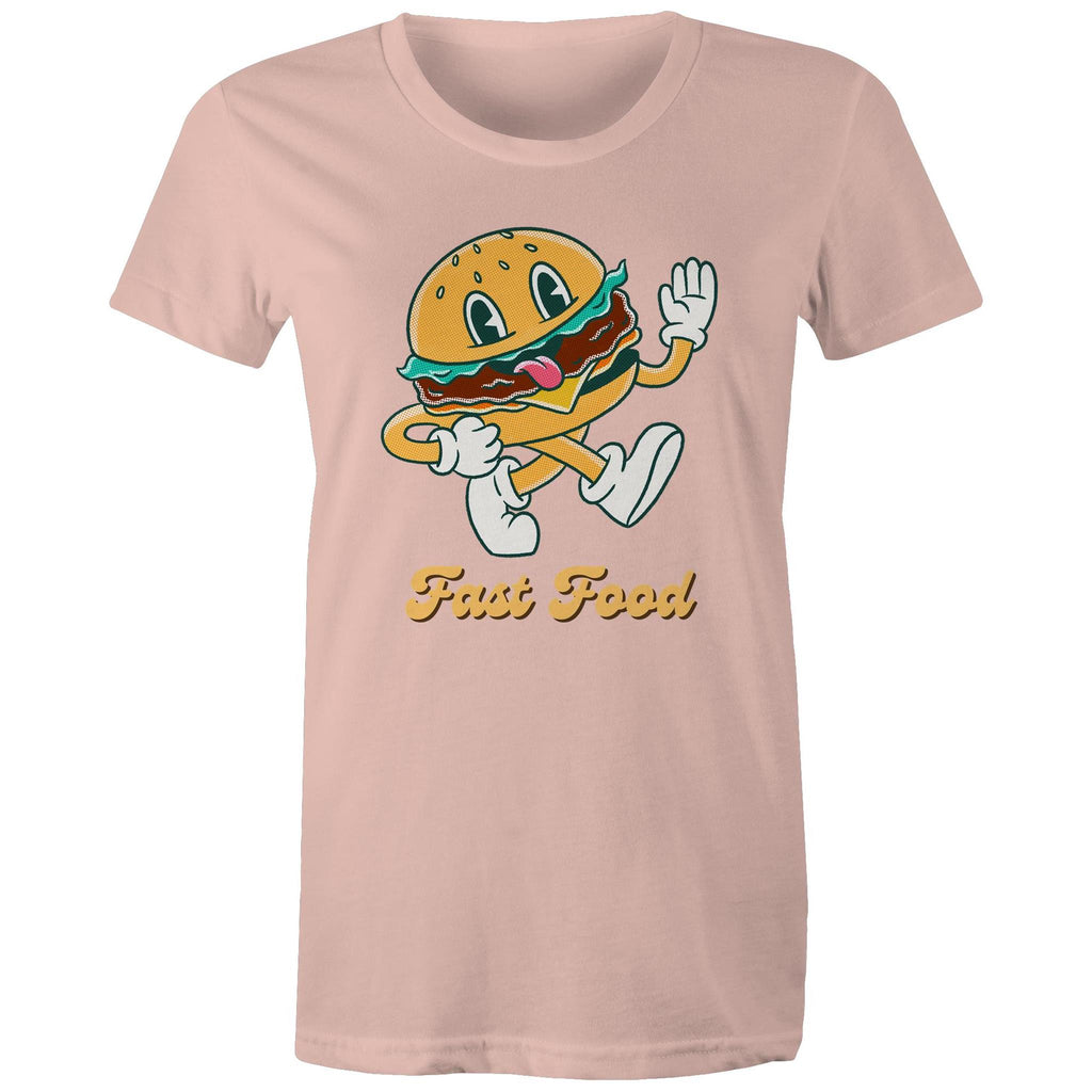 Fast Food, Hamburger - Womens T-shirt Pale Pink Womens T-shirt Food Printed In Australia