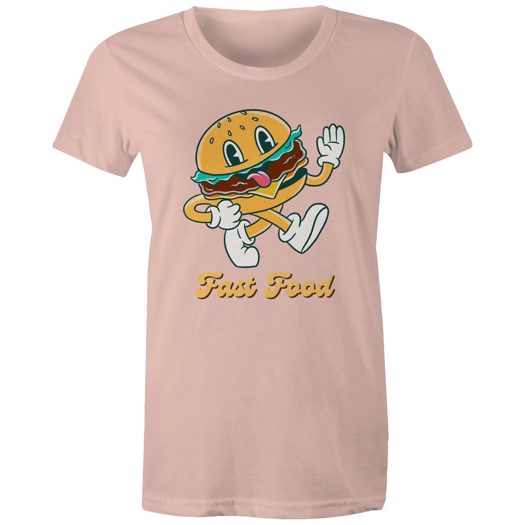 Fast Food, Hamburger - Womens T-shirt Pale Pink Womens T-shirt Food Printed In Australia