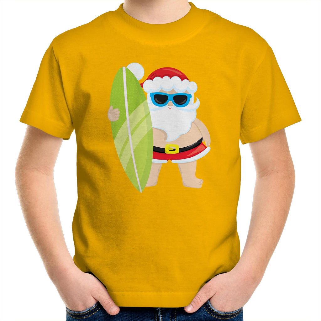 Surf Summer Santa - Kids Youth T-Shirt Gold Kids Christmas T-shirt Christmas Printed In Australia