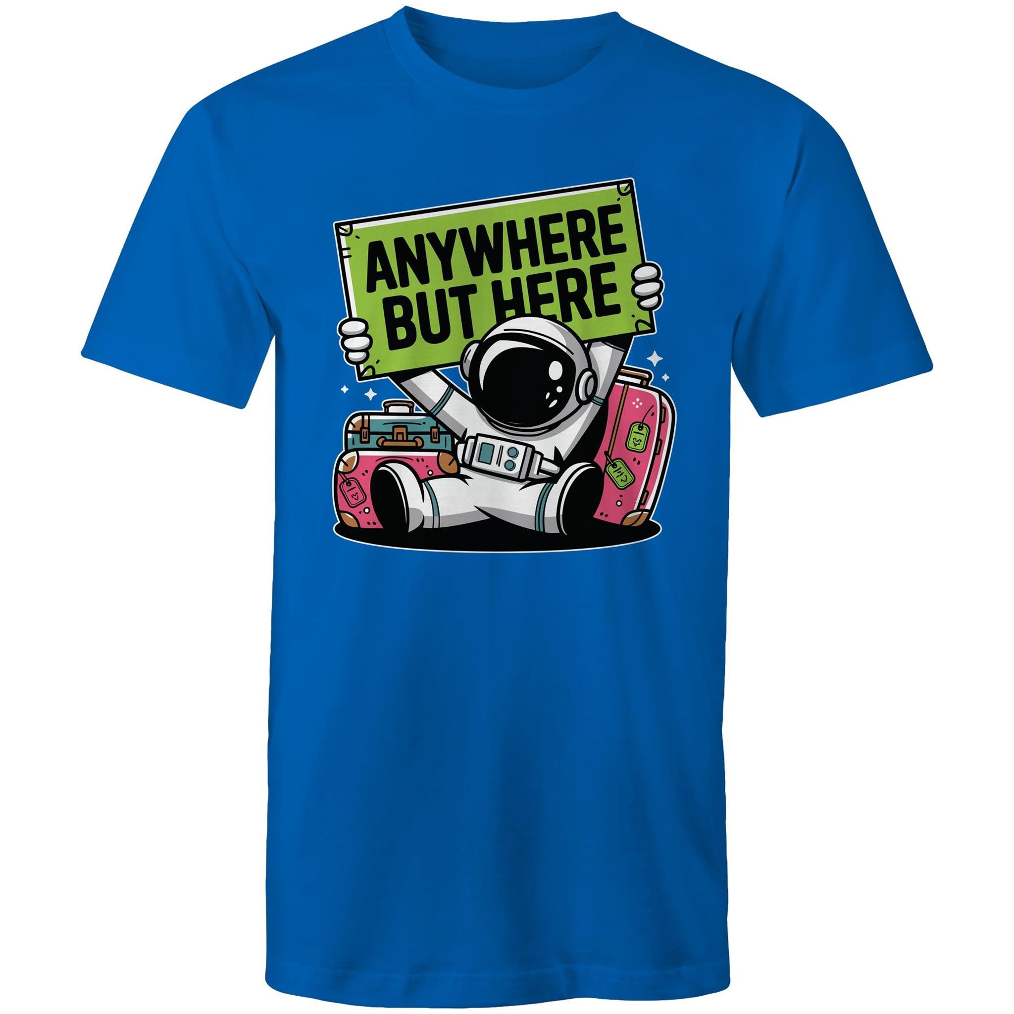 Astronaut, Anywhere But Here - Mens T-Shirt Bright Royal Mens T-shirt Printed In Australia Space