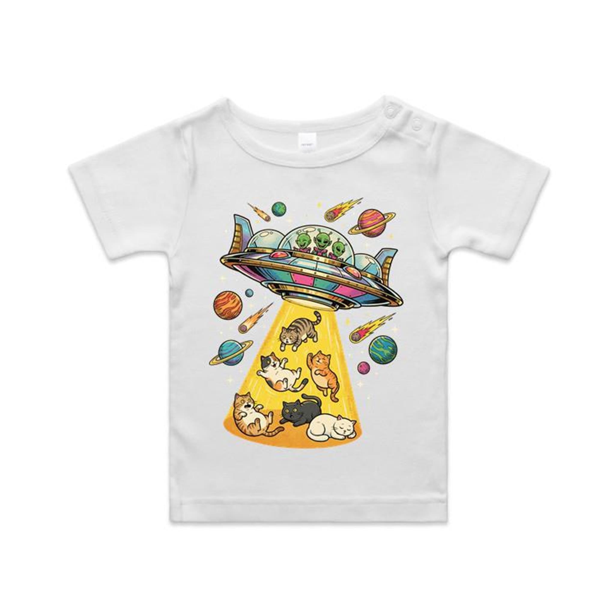 UFO Cat Abduction - AS Colour Baby T-shirt White Baby T-shirt animal Printed In Australia Sci Fi