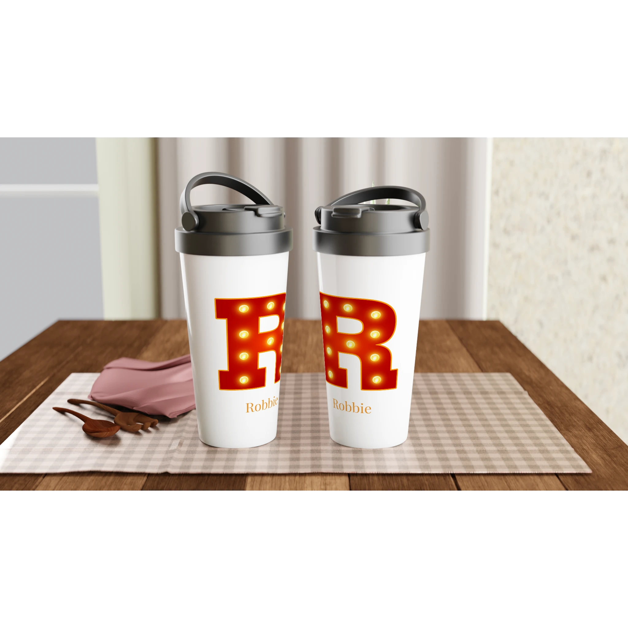 Personalised - Marquee Lights Initial - White 15oz Stainless Steel Travel Mug Personalised Travel Mug Customise Globally Fulfilled Personalise