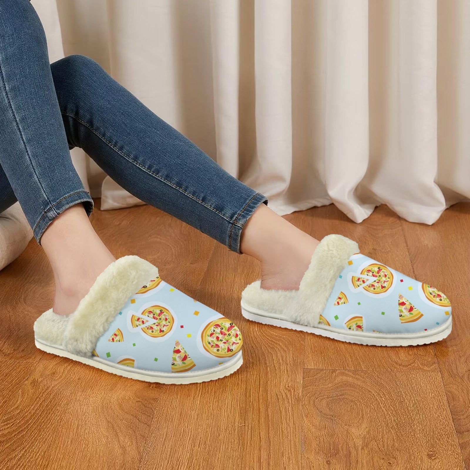 Pizzas On Blue Women's Fur Trim Thick-Sole Indoor Slippers Women's Fur Trimmed Slippers Food Printed Offshore