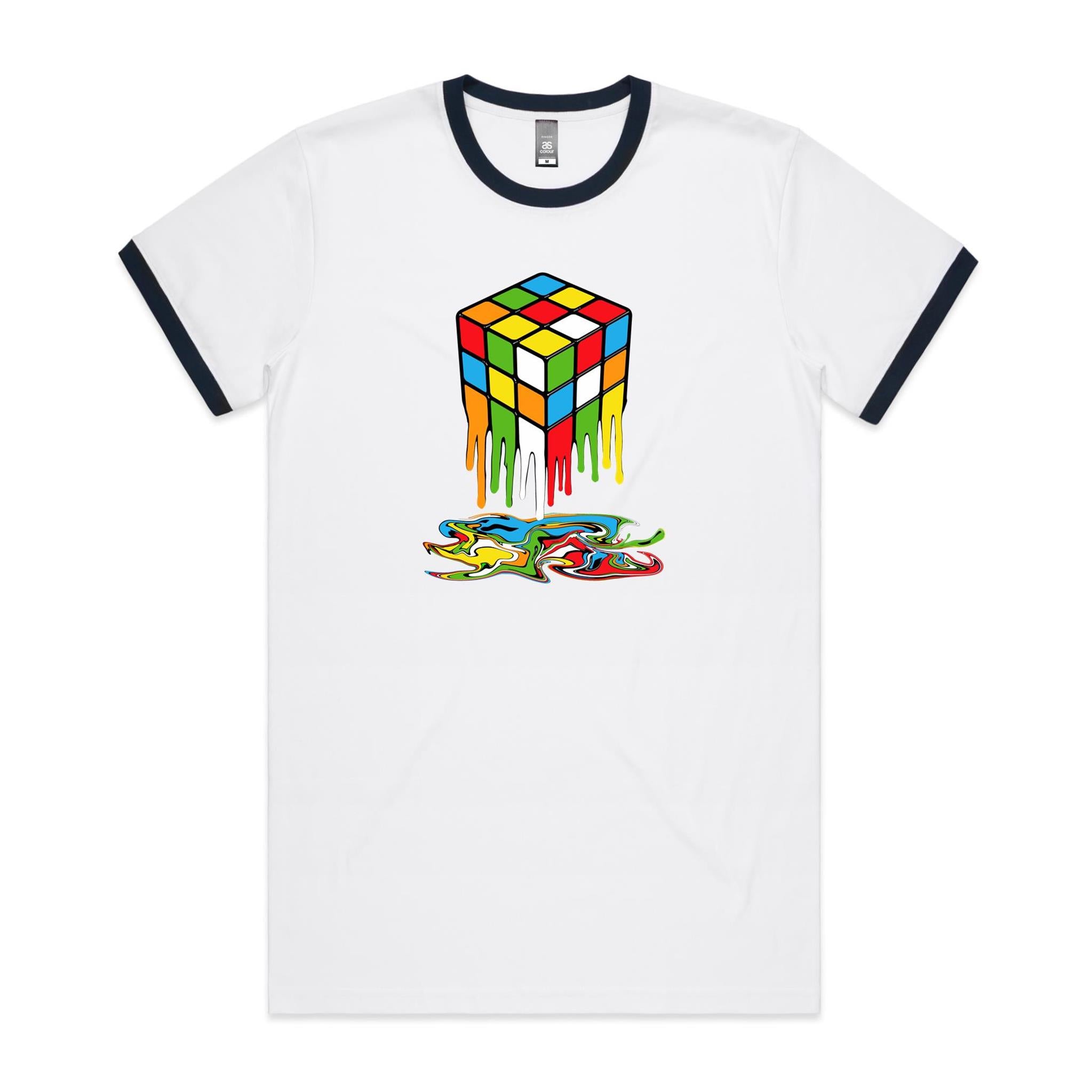 Melting Cube - Staple Ringer Tee White Navy Ringer T-Shirt Games Printed In Australia