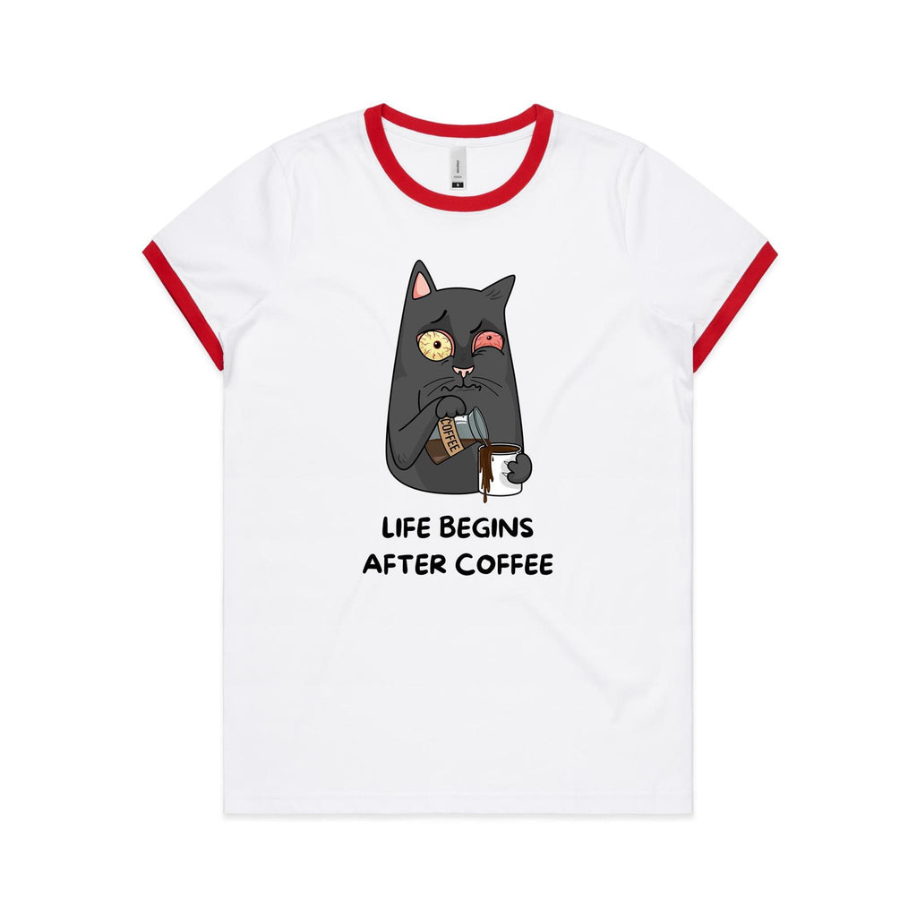 Life Begins After Coffee, Cat - Women's Ringer Tee White Red Womens Ringer T-shirt animal Coffee Printed In Australia