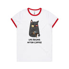 Life Begins After Coffee, Cat - Women's Ringer Tee White Red Womens Ringer T-shirt animal Coffee Printed In Australia
