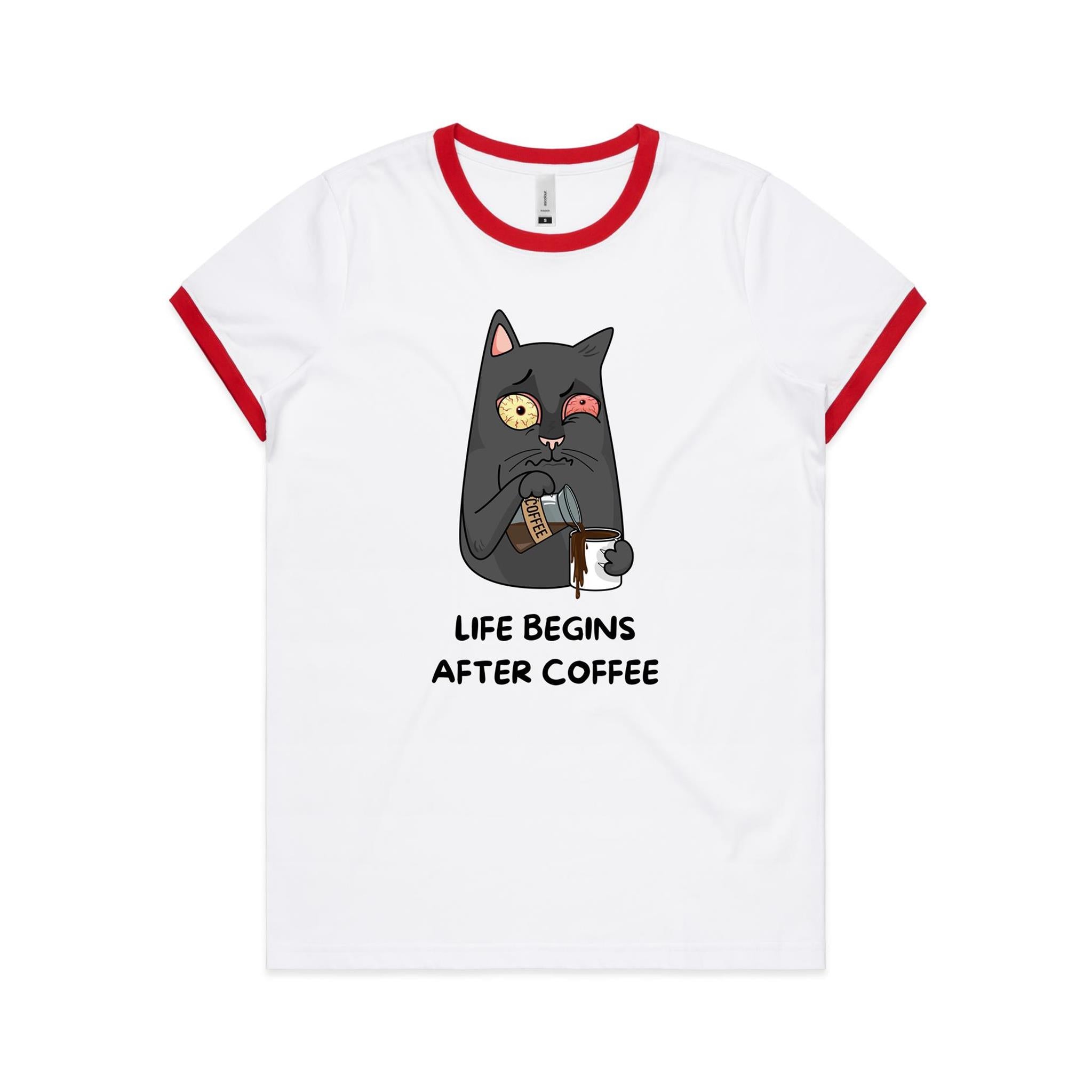 Life Begins After Coffee, Cat - Women's Ringer Tee White Red Womens Ringer T-shirt animal Coffee Printed In Australia