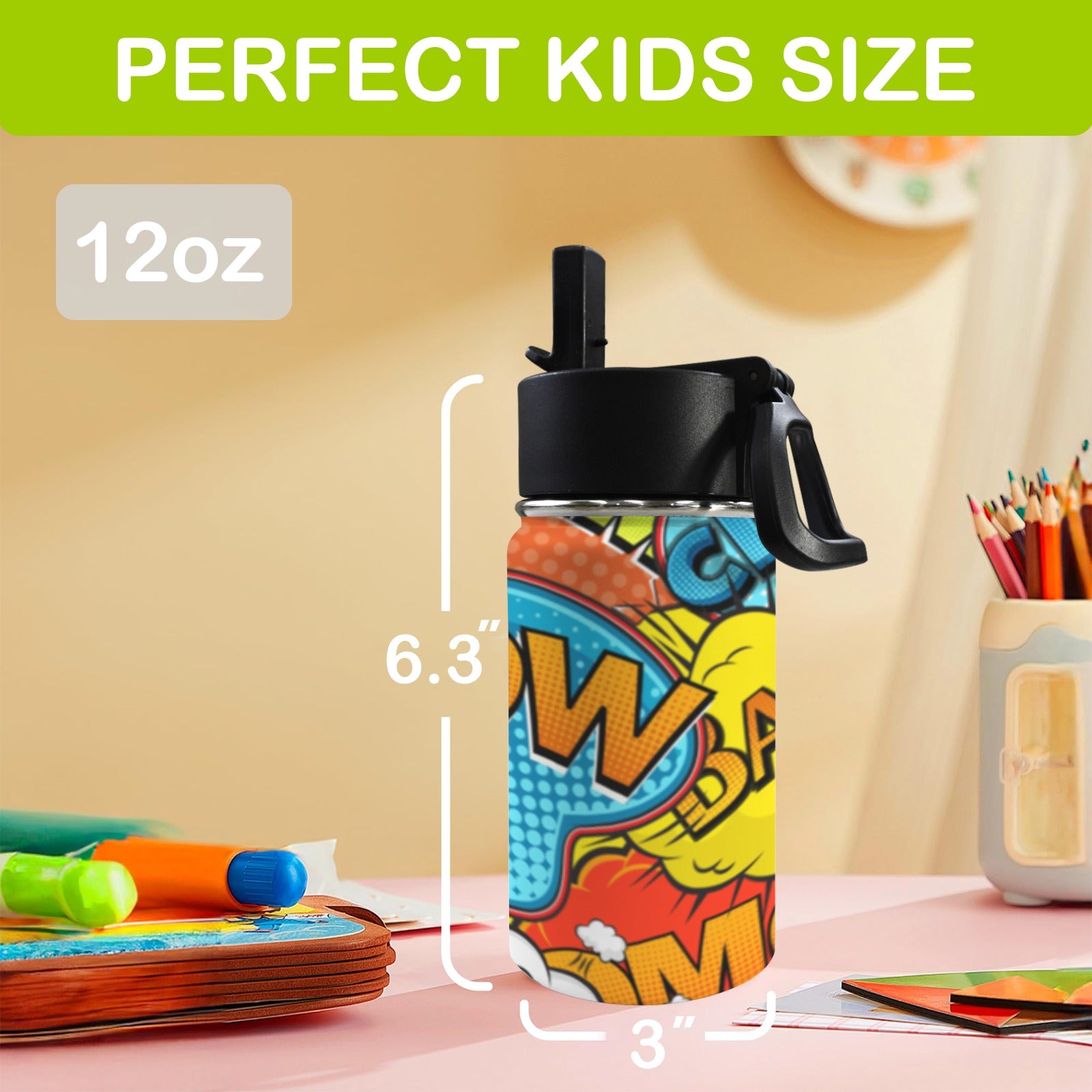 Comic Book 2 12oz Kids Water Bottle with Straw Lid