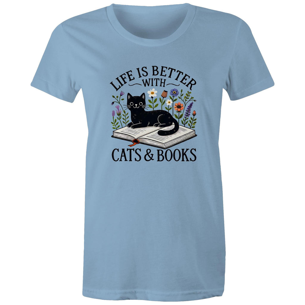 Life Is Better With Cats And Books - Womens T-shirt Carolina Blue Womens T-shirt animal Printed In Australia Reading
