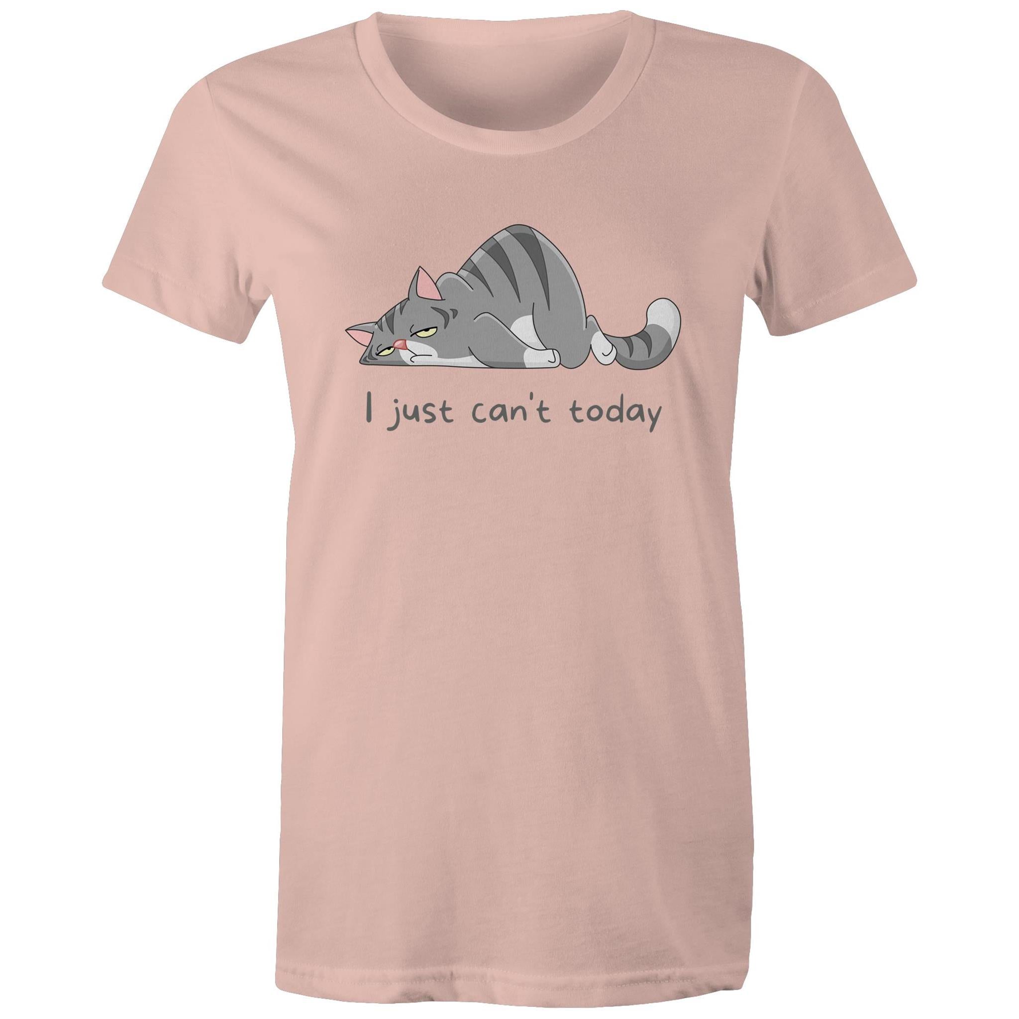 Cat, I Just Can't Today - Womens T-shirt Pale Pink Womens T-shirt animal Printed In Australia