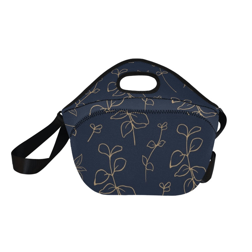 Gold Flowers On Navy Neoprene Lunch Bag/Large (Model 1669) Neoprene Lunch Bag Plants Printed Offshore
