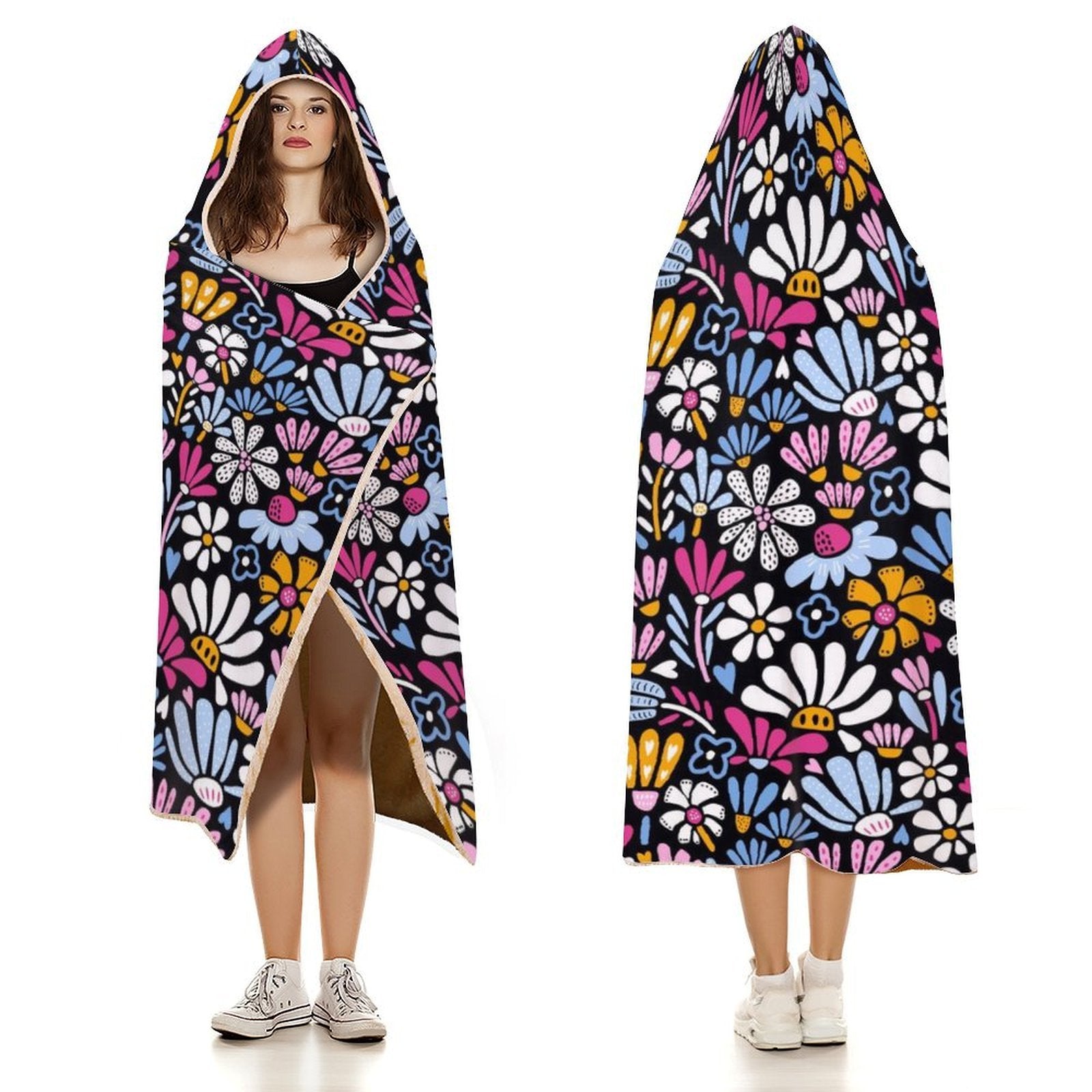 Graphic Flowers On Black Kids Hooded Blanket 100cm x 130cm Kids Hooded Blanket Plants Printed Offshore