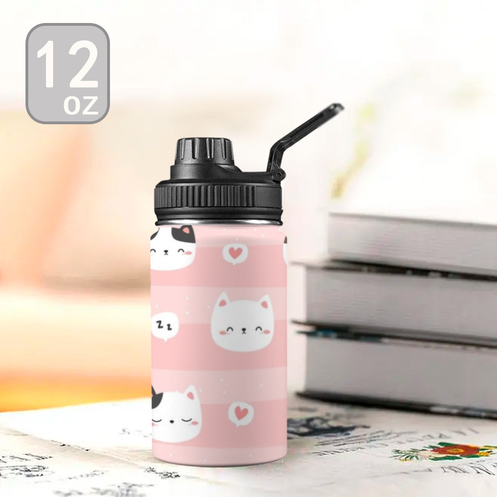 Pink Cats Kids Water Bottle with Chug Lid (12 oz) Kids Water Bottle with Chug Lid animal Printed Offshore