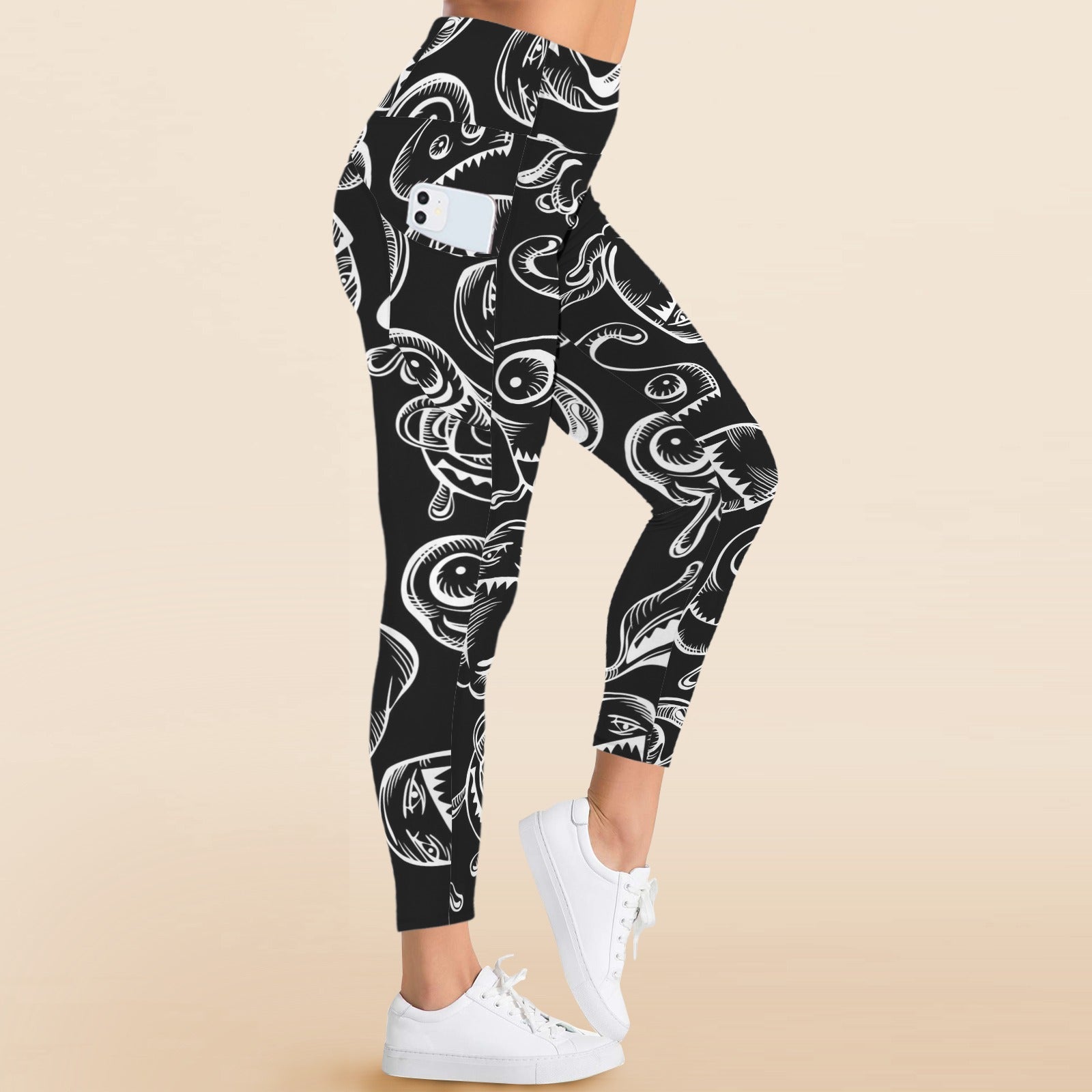 Monsters In Black And White - Women's High Waist Pockets Yoga Leggings