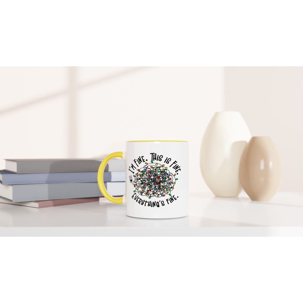 Tangled Christmas Lights, I'm Fine, This Is Fine, Everything's Fine - White 11oz Ceramic Mug with Colour Inside Christmas Colour Mug Christmas Globally Fulfilled
