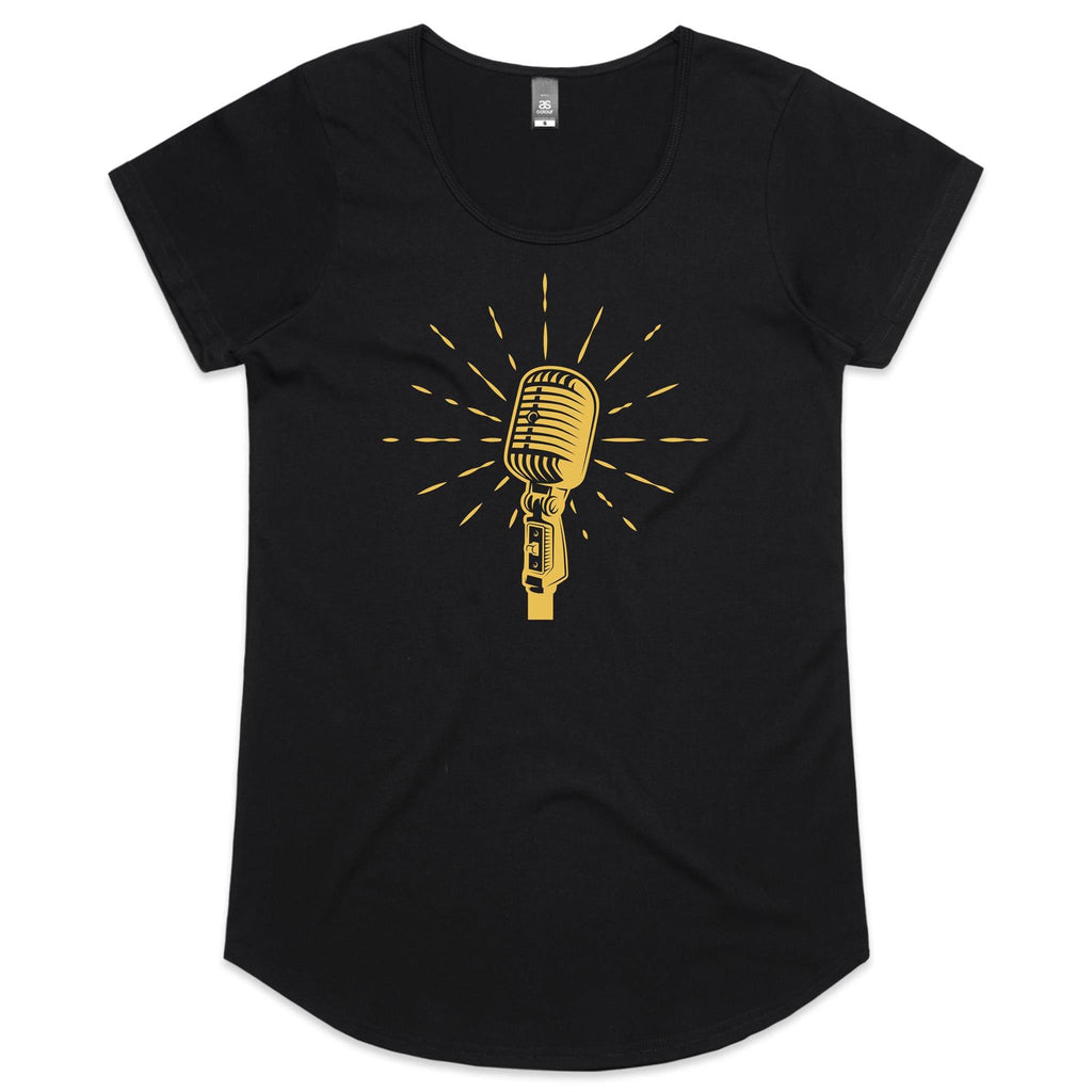 Retro Microphone - Womens Scoop Neck T-Shirt Black Womens Scoop Neck T-shirt Music Printed In Australia Retro