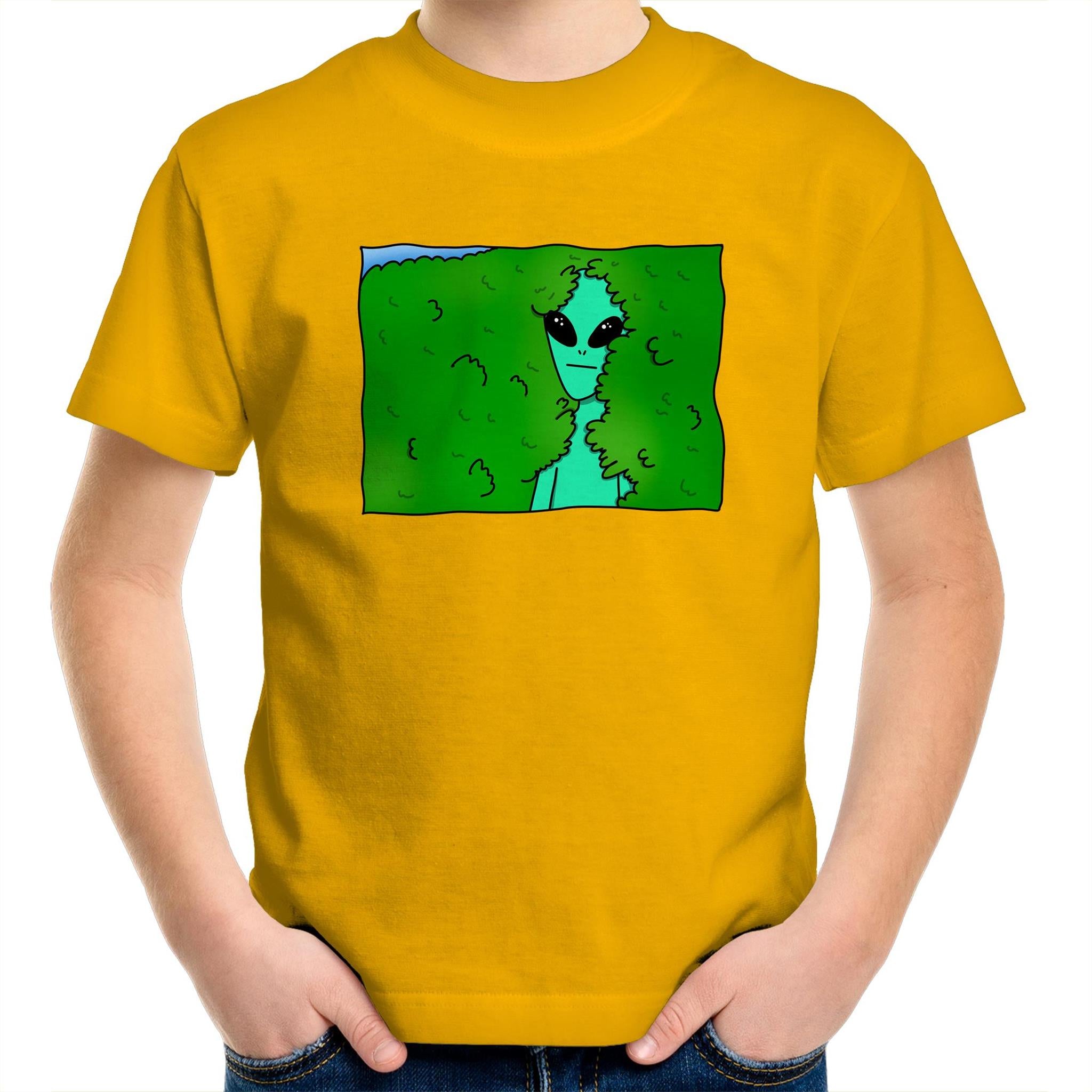 Alien Backing Into Hedge Meme - Kids Youth T-Shirt Gold Kids Youth T-shirt Printed In Australia Sci Fi