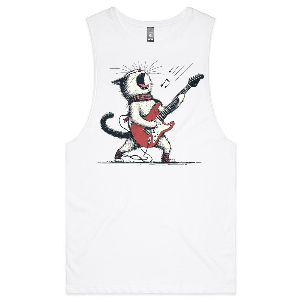 Cat Playing Guitar Mens Men's AS Colour Drop Arm Tank Top White Drop Arm Tank Top animal Music Printed In Australia