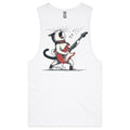 Cat Playing Guitar Mens Men's AS Colour Drop Arm Tank Top White Drop Arm Tank Top animal Music Printed In Australia