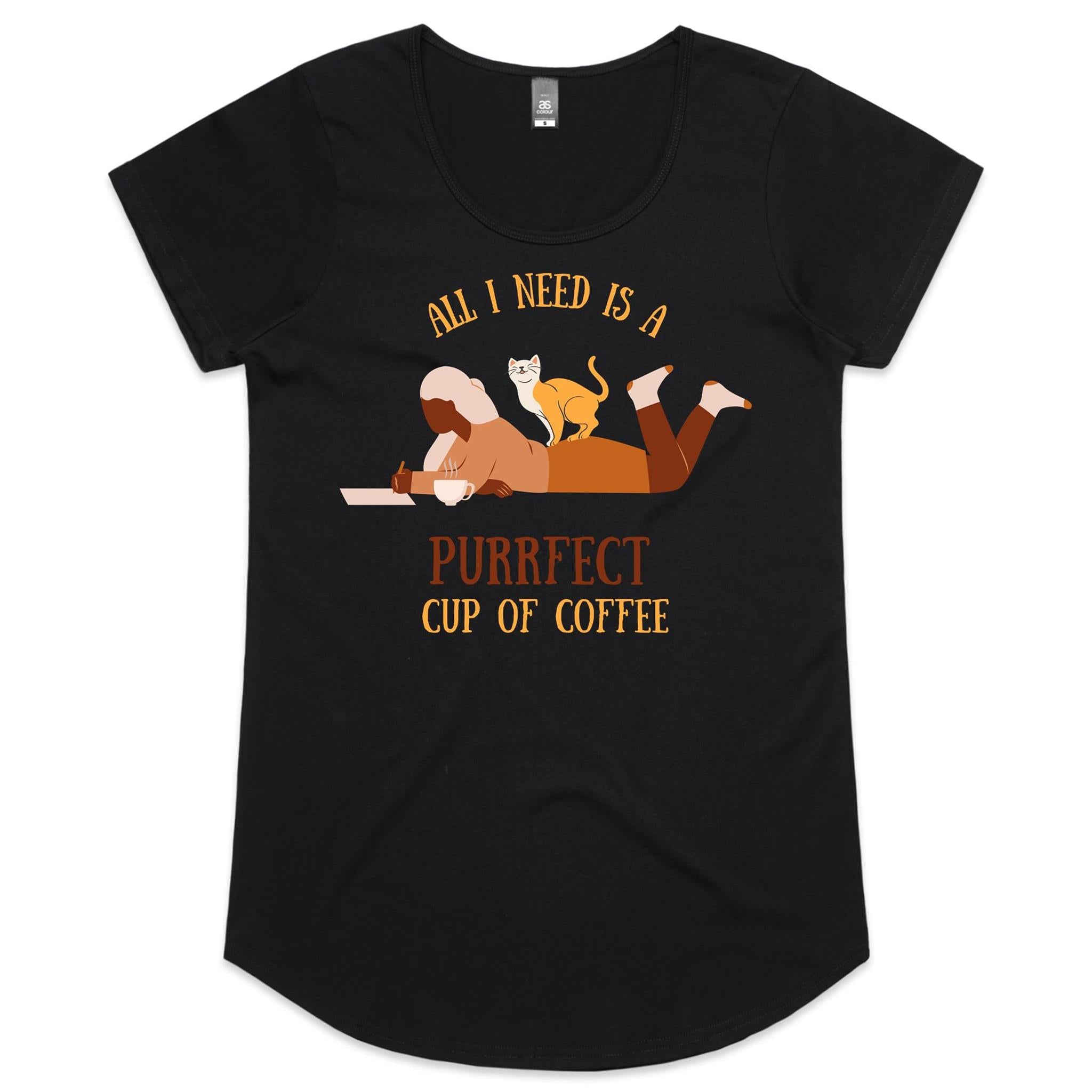 All I Need Is A Purrfect Cup Of Coffee, Cat - Womens Scoop Neck T-Shirt Black Womens Scoop Neck T-shirt animal Coffee Printed In Australia