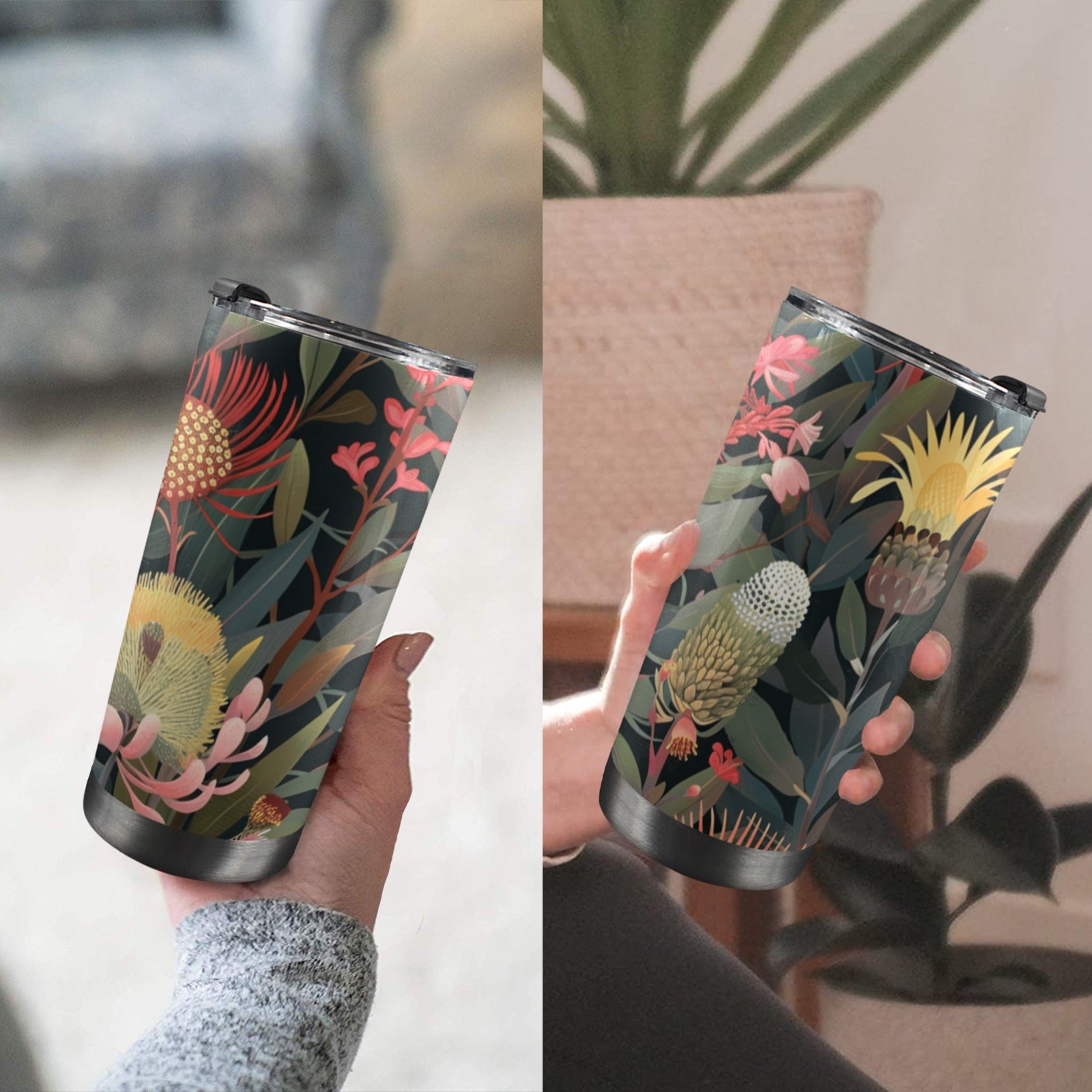 Australian Native Flowers - 20oz Mobile Tumbler with Lid (Black Lock) 20oz Travel Mug Plants Printed Offshore