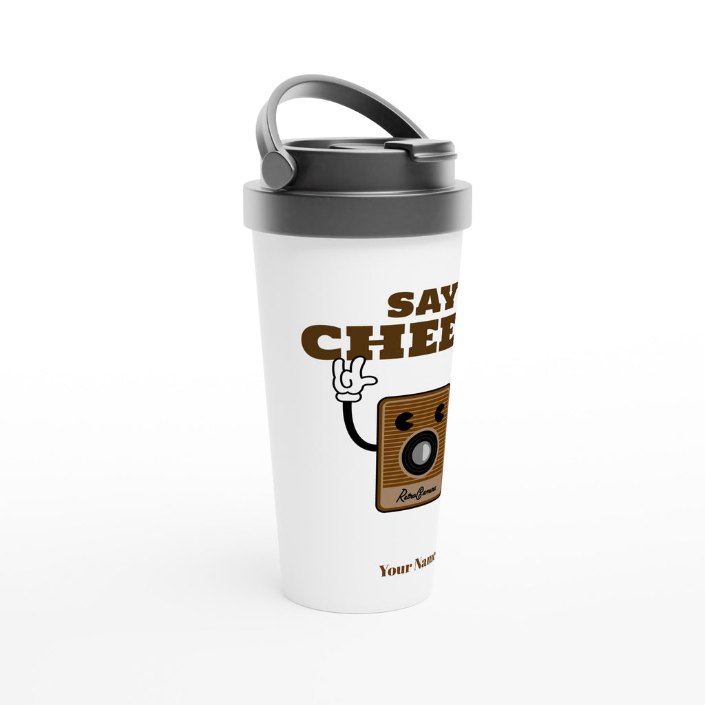 Personalised - Say Cheese, Retro Camera - White 15oz Stainless Steel Travel Mug Personalised Travel Mug Globally Fulfilled Retro Tech